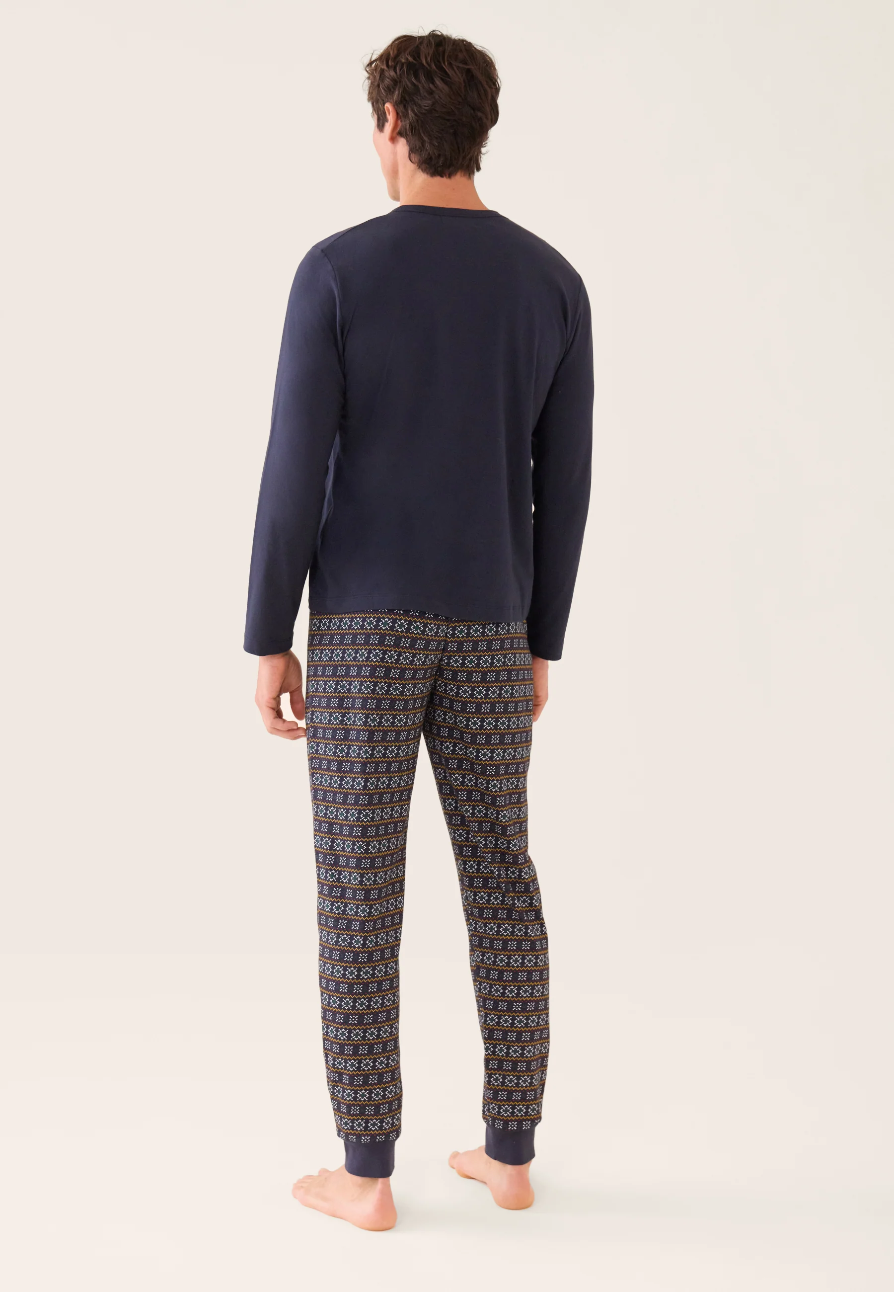 Ensemble pyjama haut bleu marine et bas fantaisie en coton - Pyjama Manuel Haut Manches Longues Uni Marine Et Bas Long Fantaisie - Image 3