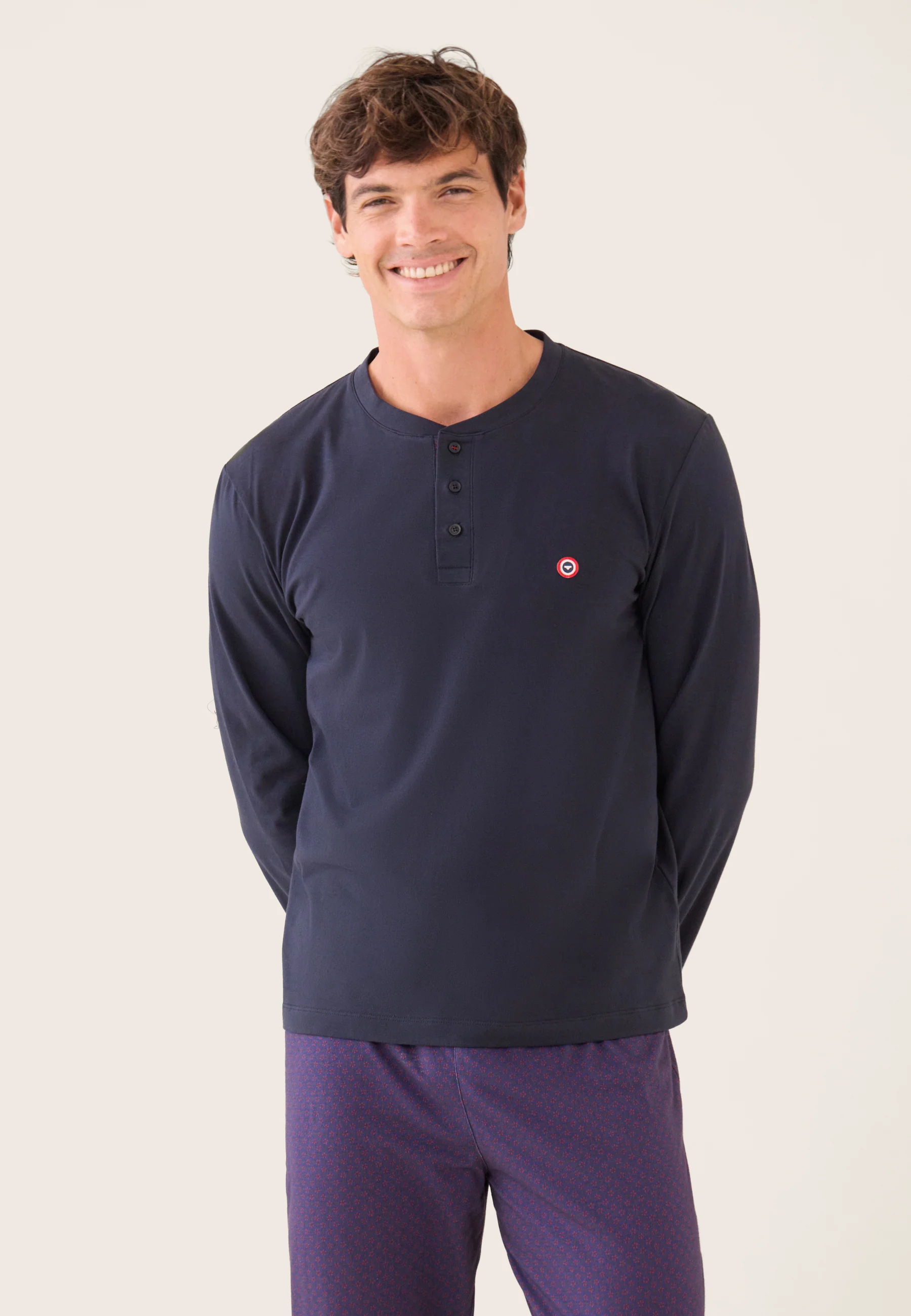 Ensemble pyjama haut bleu marine et pantalon fantaisie en coton - Pyjama Sebastien Haut Manches Longues Uni Marine Et Bas Long Fantaisie - Image 5