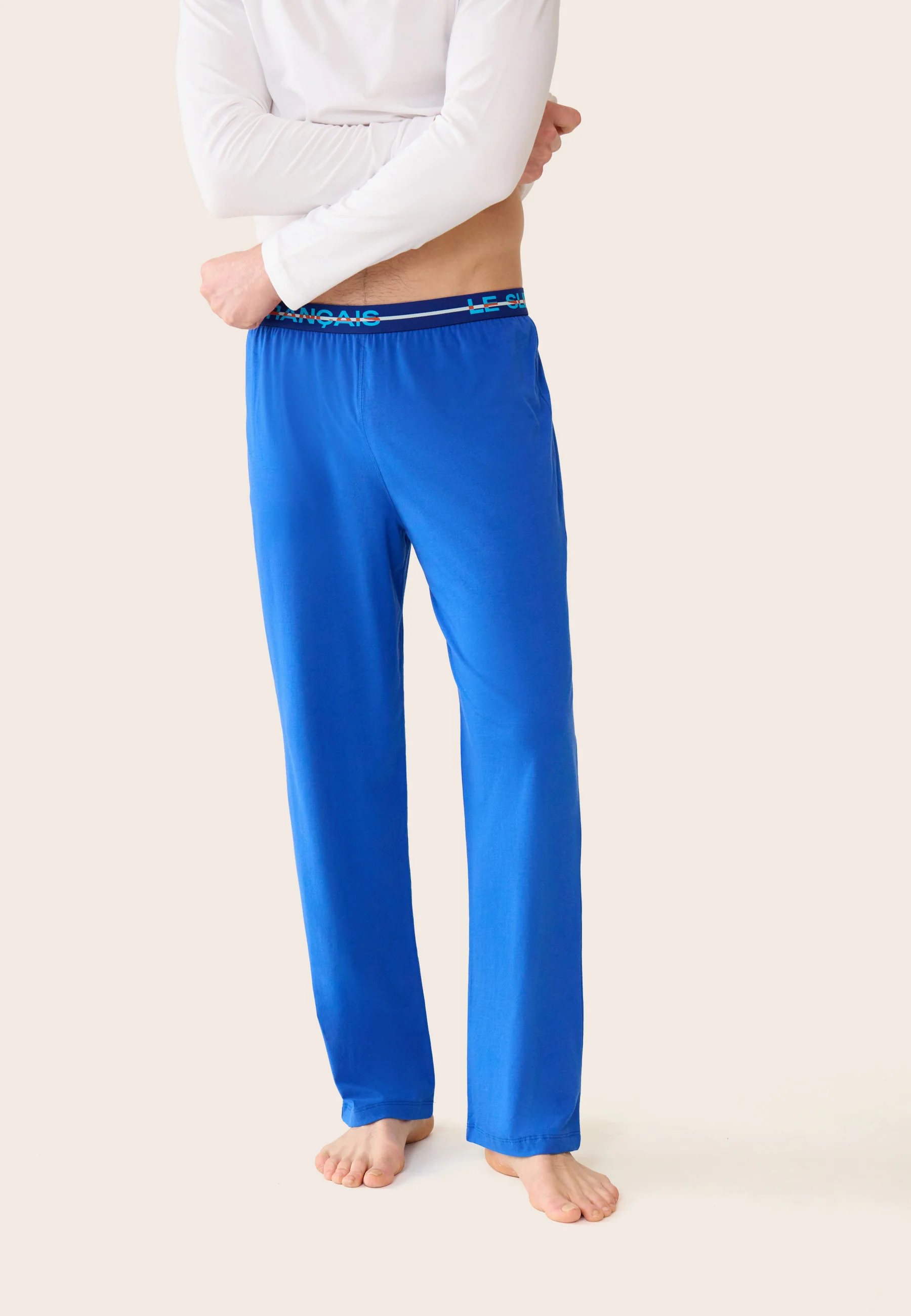Ensemble pyjama haut blanc et pantalon bleu en coton - Pyjama haut manches longues superbe Blanc et bas de pyjama long indomptable bleu nautique - Image 2