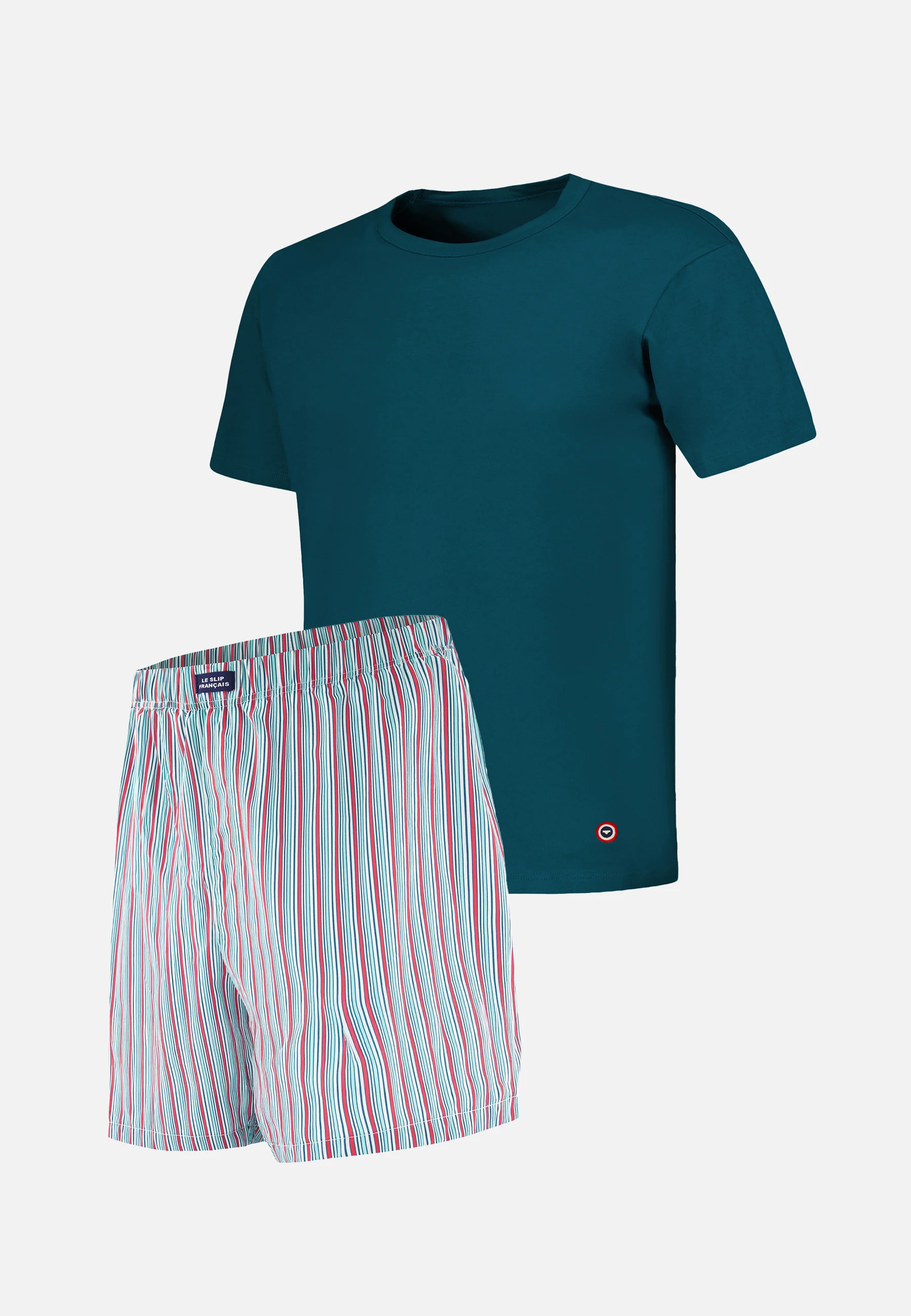 Ensemble pyjama haut et short en coton - Pyjama haut manches courtes formidable Bleu Canard et bas de pyjama court jacquot Rayures Matelas Rose Cerise - Image 5
