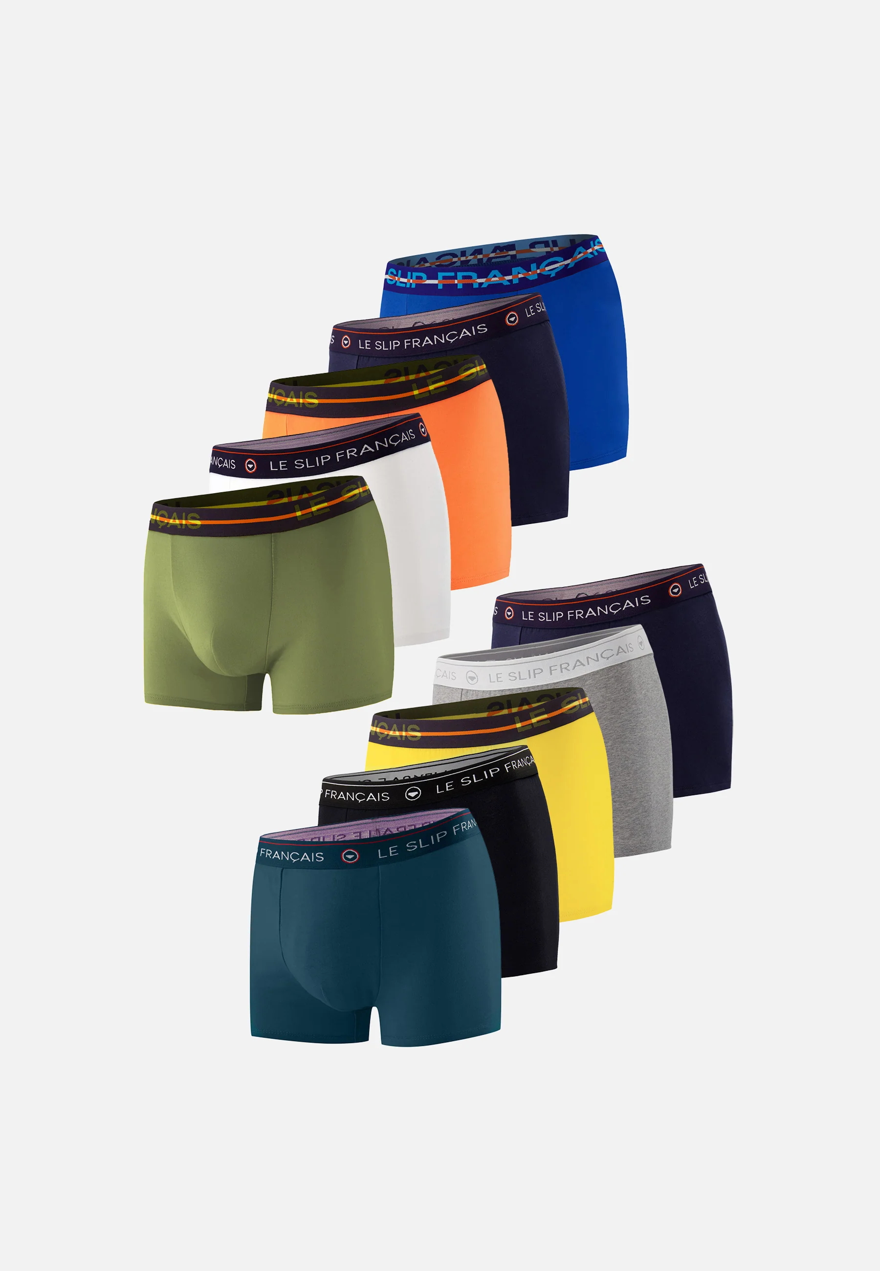 Lot de 10 boxers en coton - Boxers Gris Chiné Marine Orange Pur Blanc Noir Kaki Veronese Jaune Bleu Canard Bleu Nautique Marine