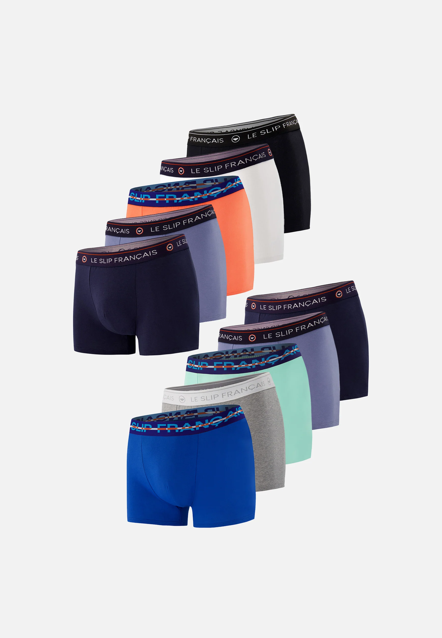Lot de 10 boxers en coton - Boxers Noir Marine Blanc Bleu Jean Orange Gris Chiné Bleu Nautique Vert Azur