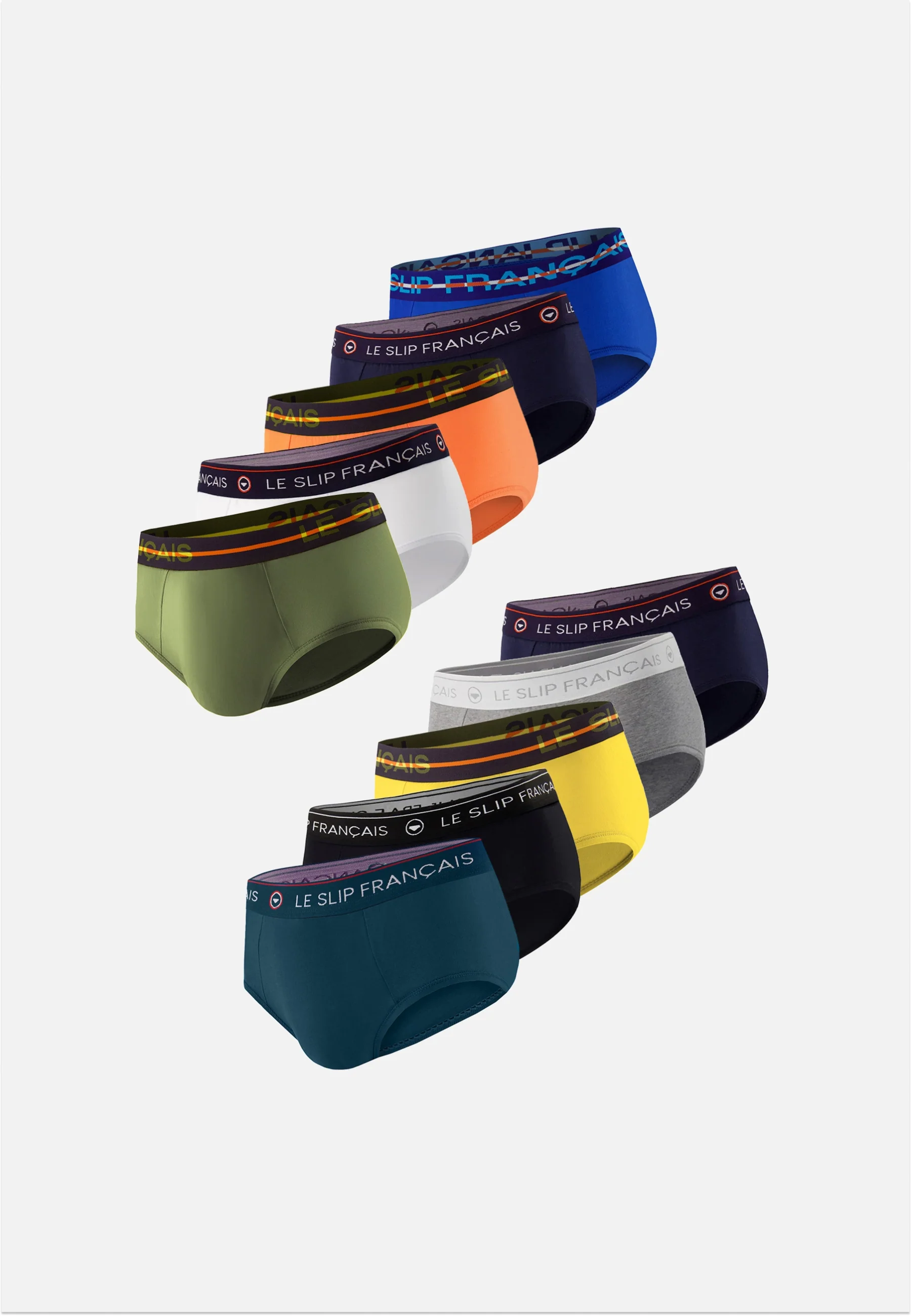 Lot de 10 slips en coton - Slips Gris Chiné Marine Orange Blanc Noir Kaki Veronese Jaune Bleu Canard Bleu Nautique Marine