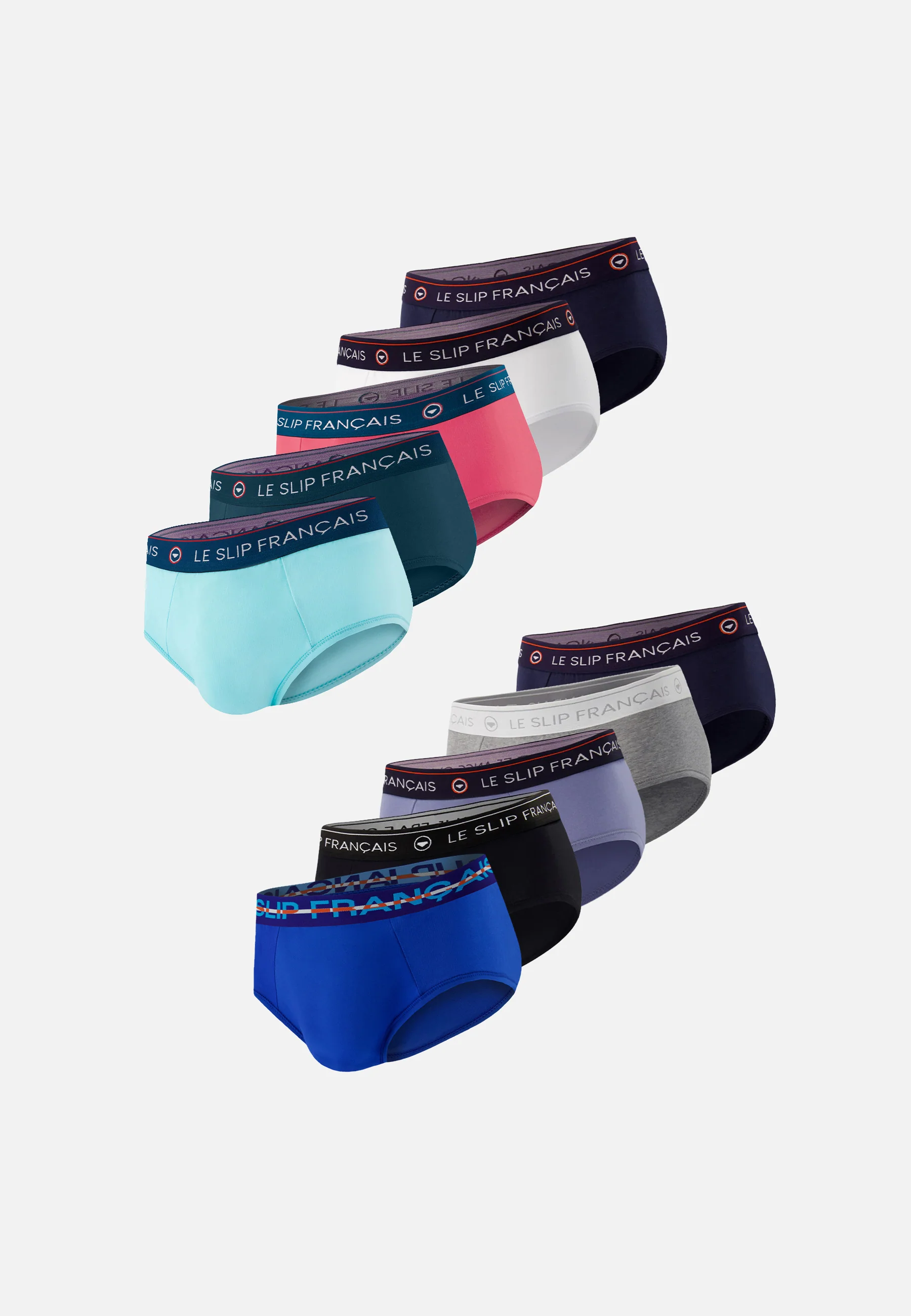 Lot de 10 slips en coton - Slips Marine Blanc Bleu Canard Vert D'Eau Gris Chiné Rose Cerise Noir Bleu Jean Bleu Nautique