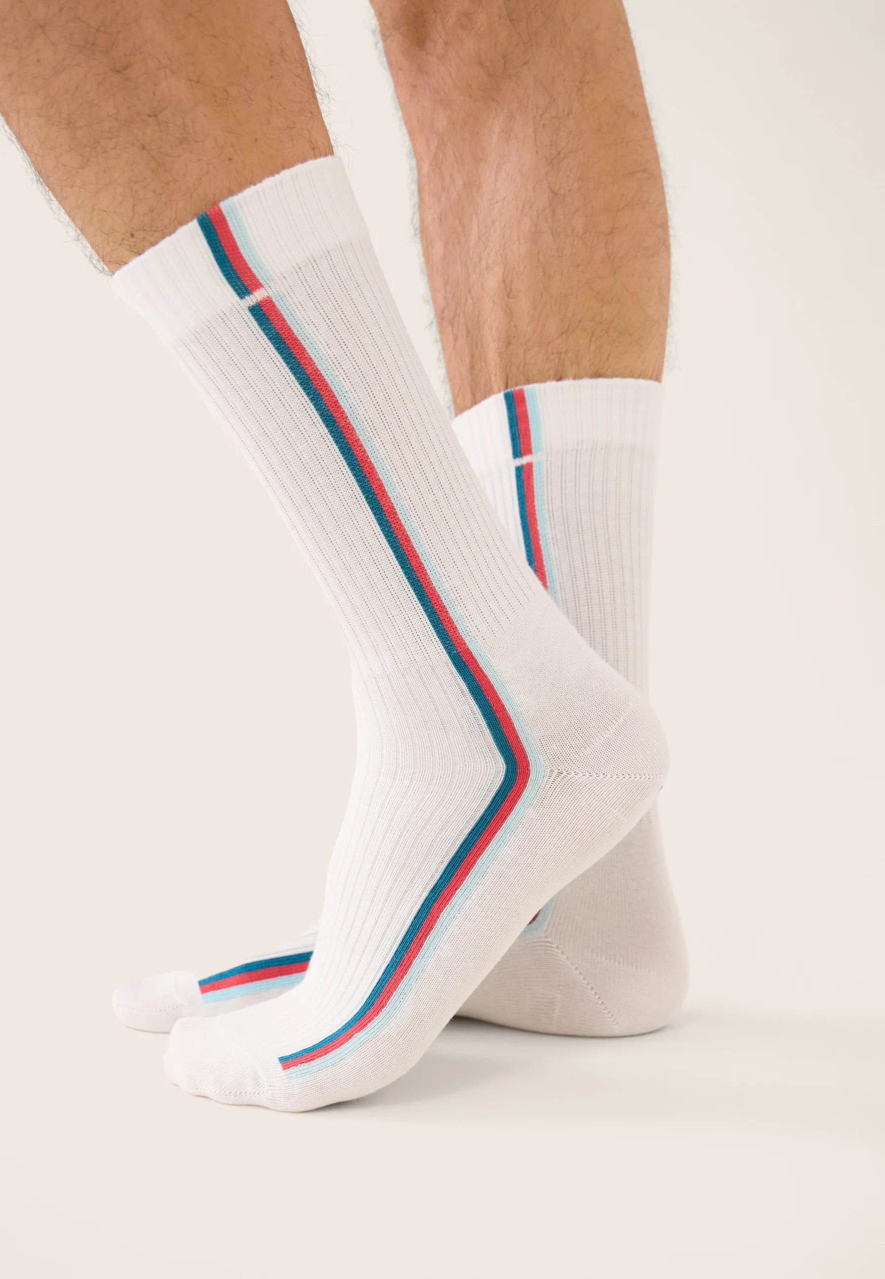 Lot de 2 chaussettes de sport mi-hautes - Chaussettes Lignes et Rayées Bleu Canard Vert D'Eau Rose Cerise - Image 2