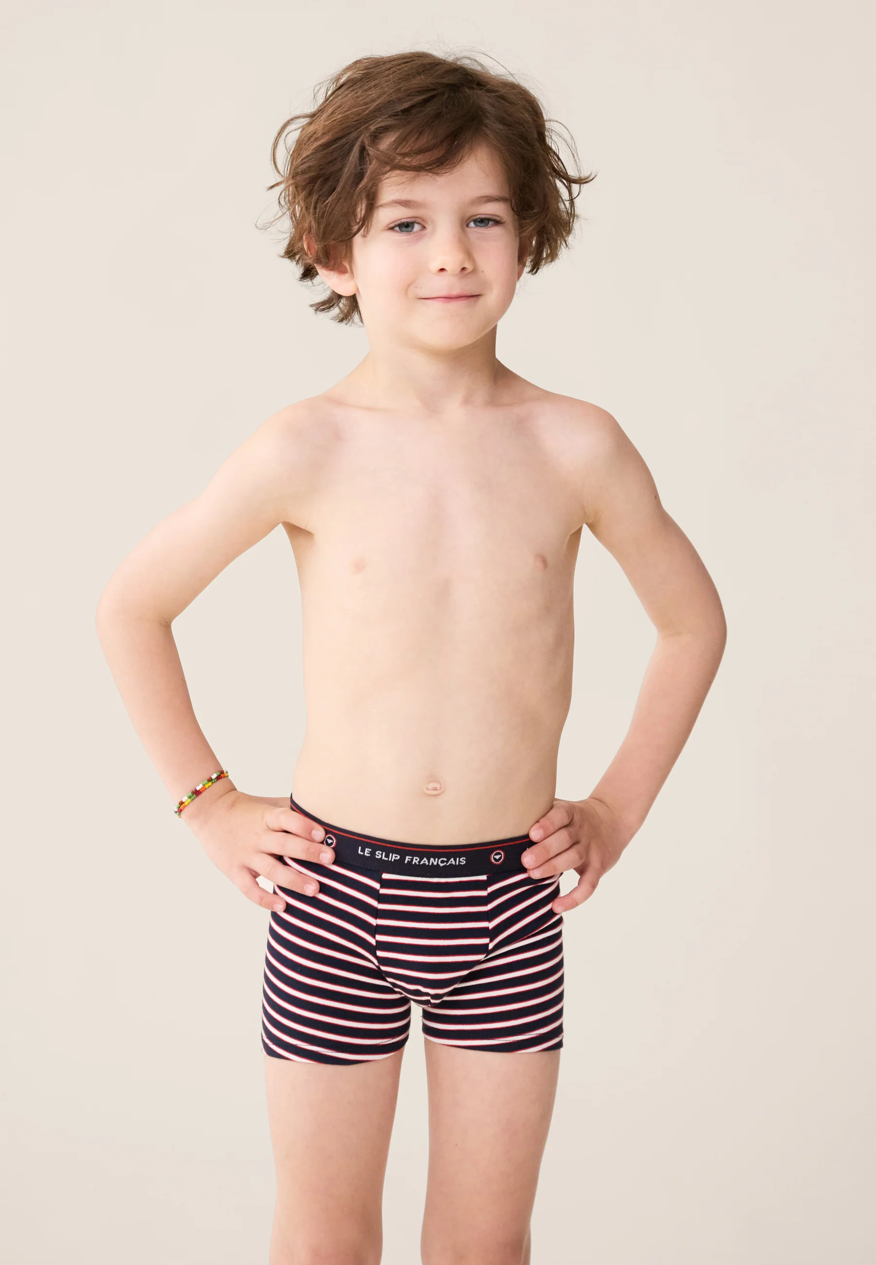 Lot de 5 boxers enfant en coton - Boxers Rayures Tricolores Rouge Marine Emeraude Blanc - Image 3