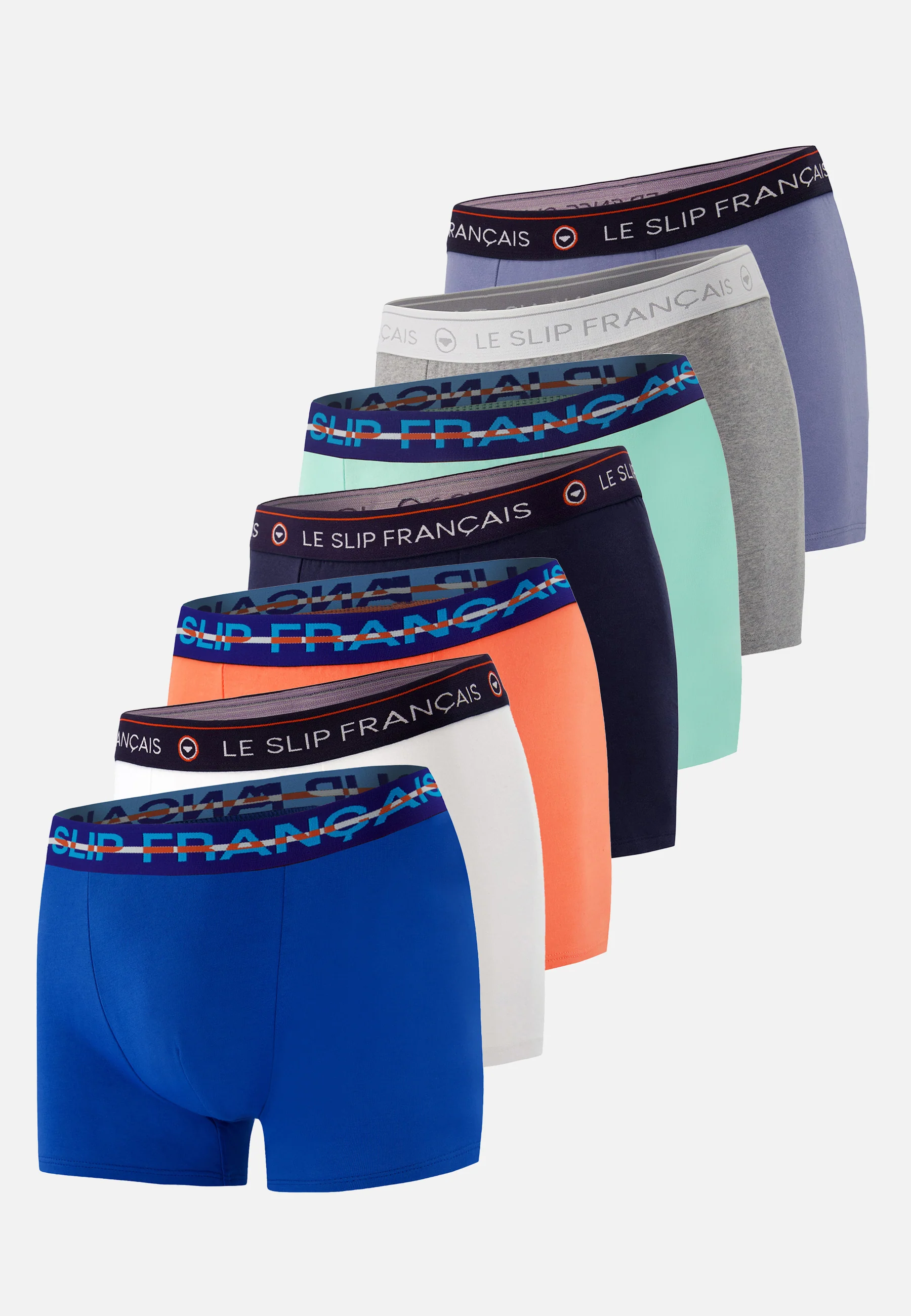 Lot de 7 boxers en coton - Boxers Marine Blanc Bleu Jean Orange Gris Bleu Nautique Vert Azur