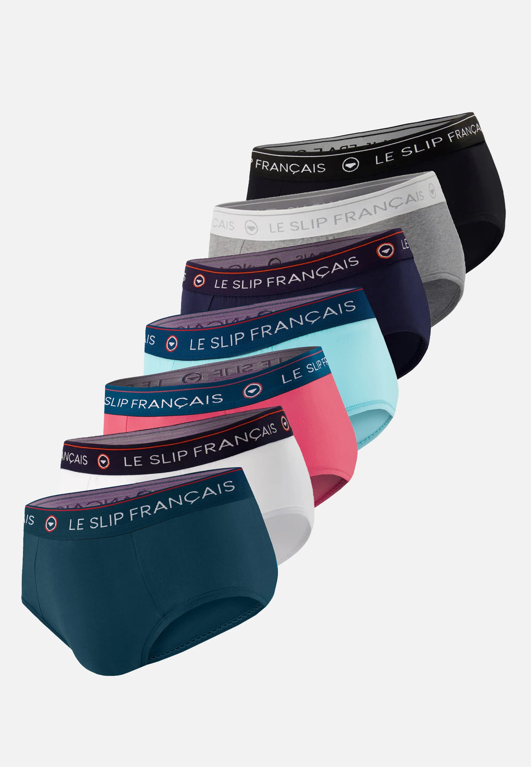 Lot de 7 slips en coton - Slips Marine Blanc Canard Vert D'eau Gris Chiné Rose Noir